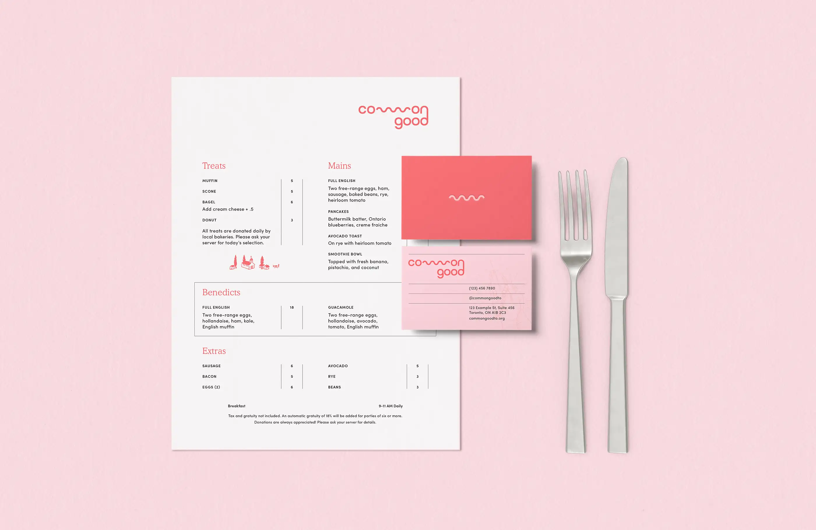 Common Good menu, business cards, and silverware.