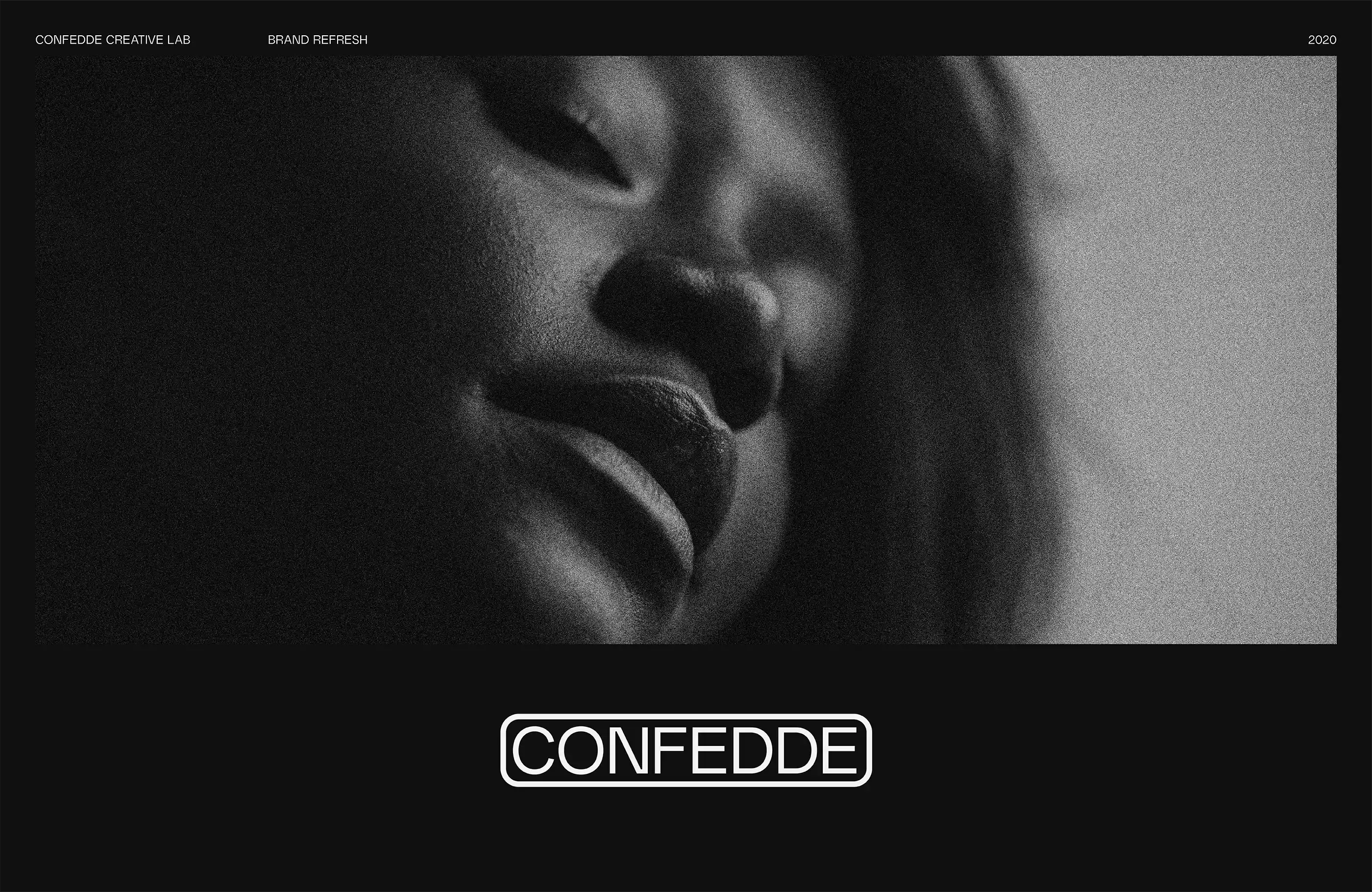 Grainy black and white photo of woman's face with Confedde wordmark.