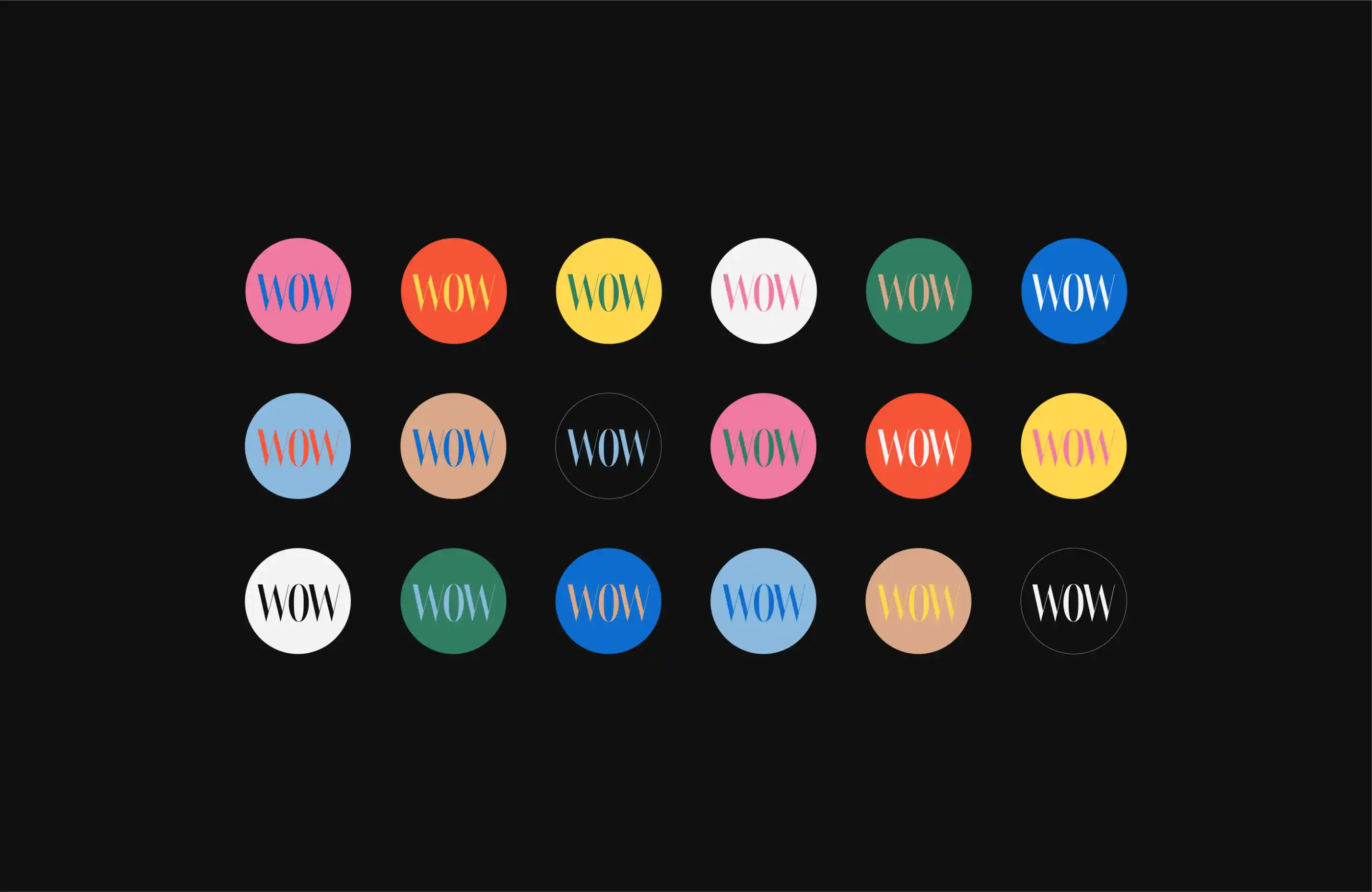 18 circles arranged in grid showcasing brand color combinations.