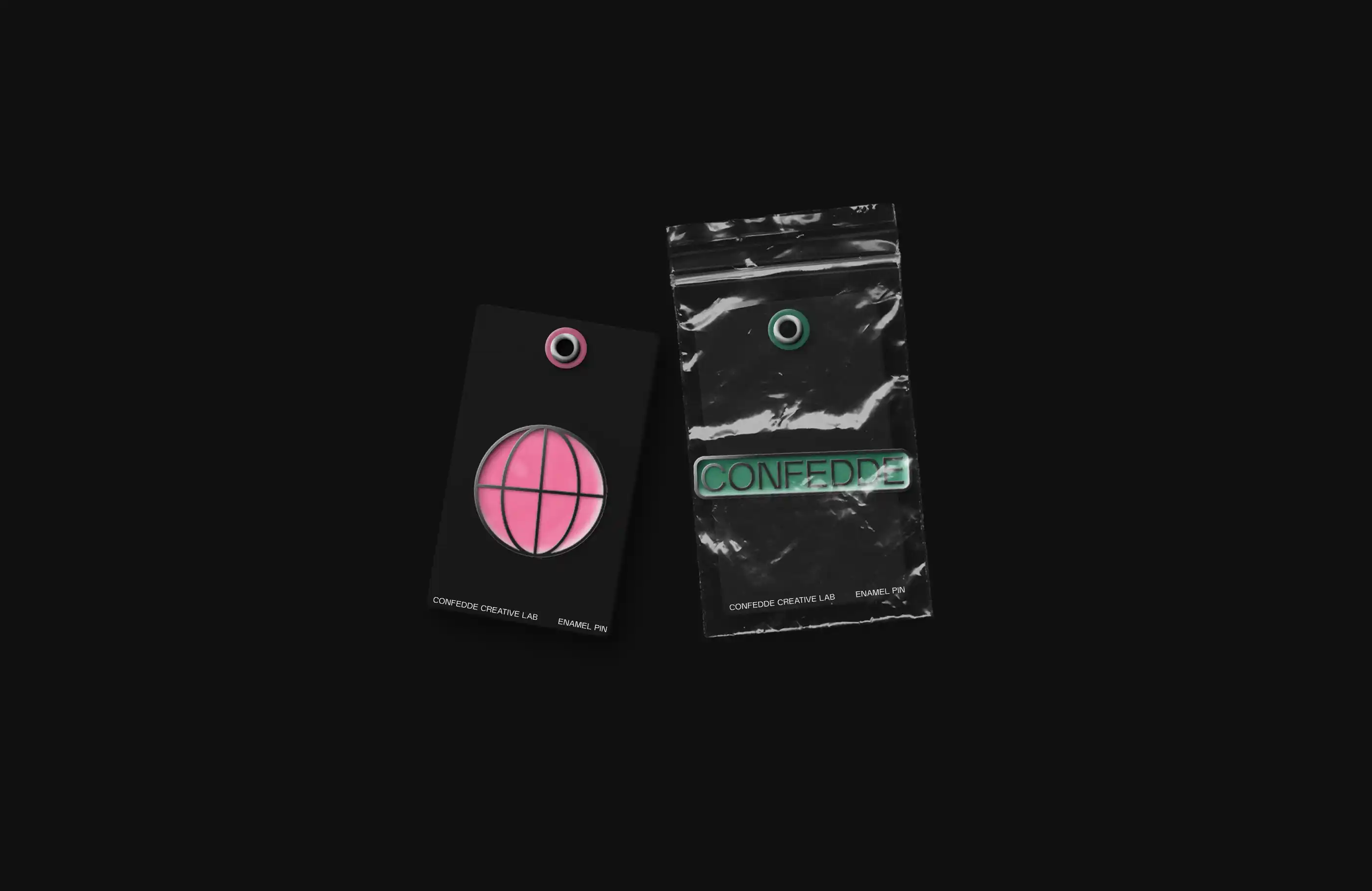 Pink and green confedde enamel pins.