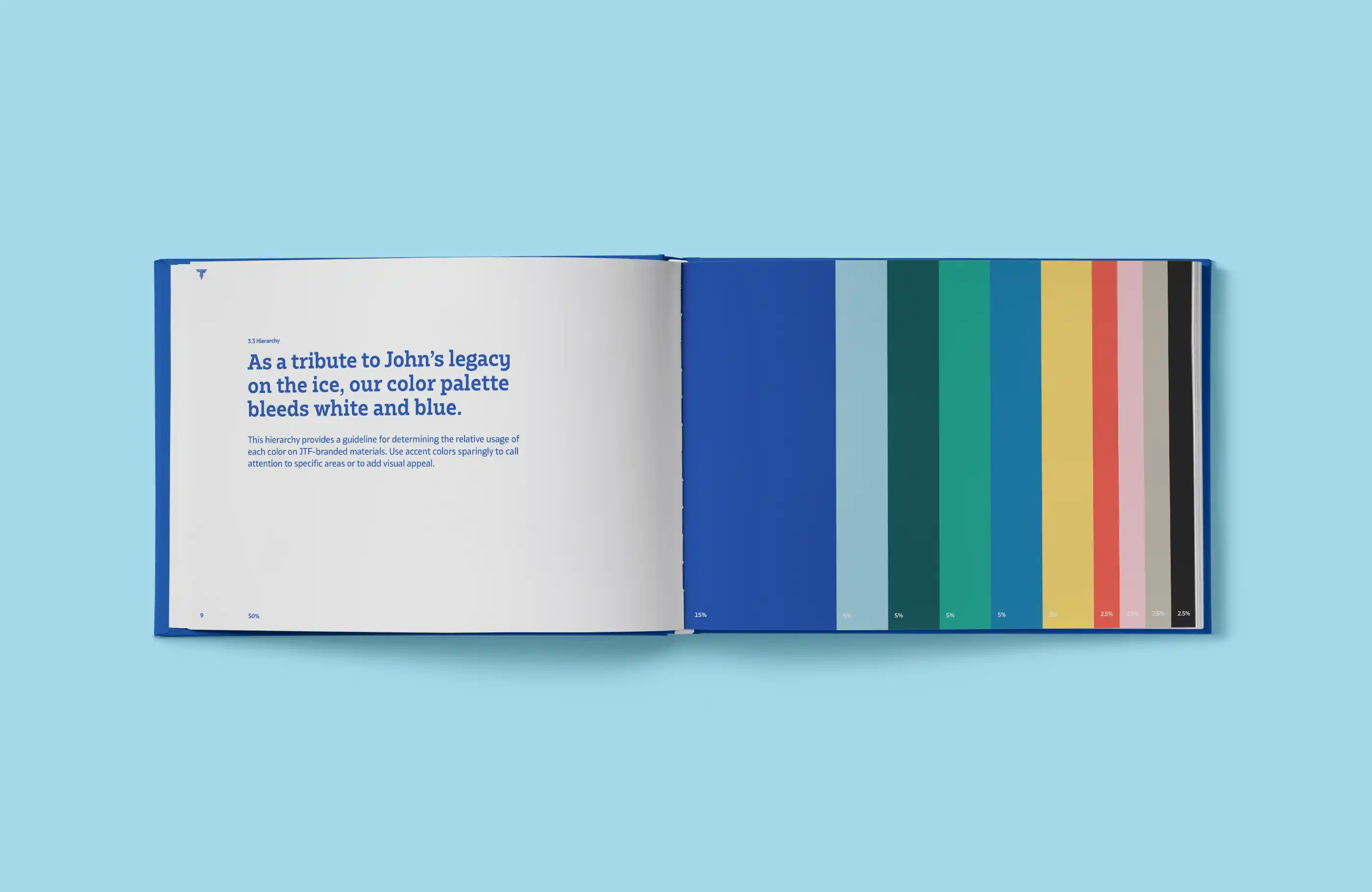 John Tavares Foundation brand guidelines open to color hierarchy.