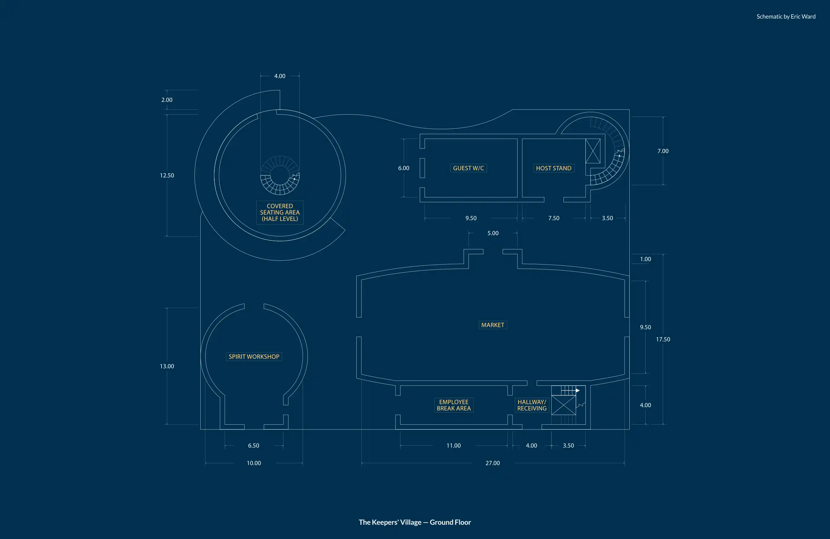 Ground floor plan for The Keepers' Village with shopping, dining, and restrooms.