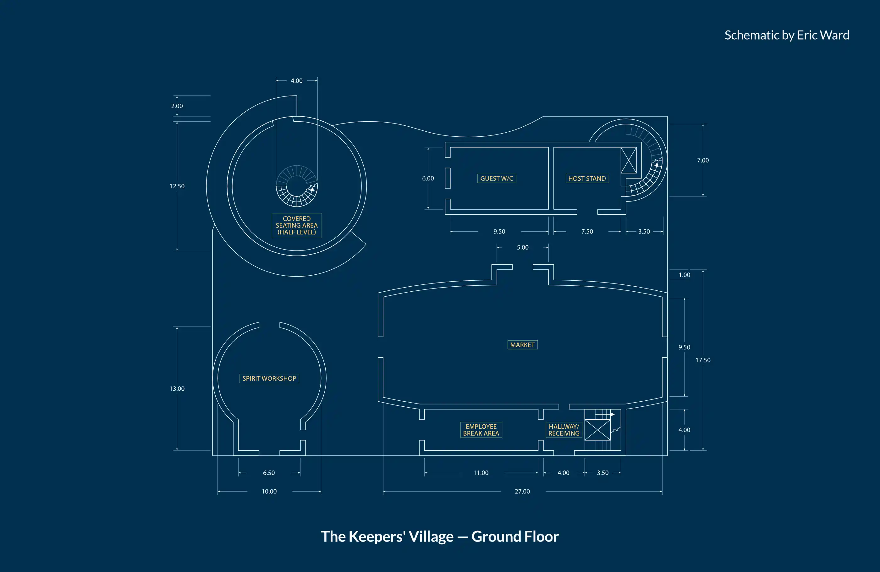 Ground floor plan for The Keepers' Village with shopping, dining, and restrooms.