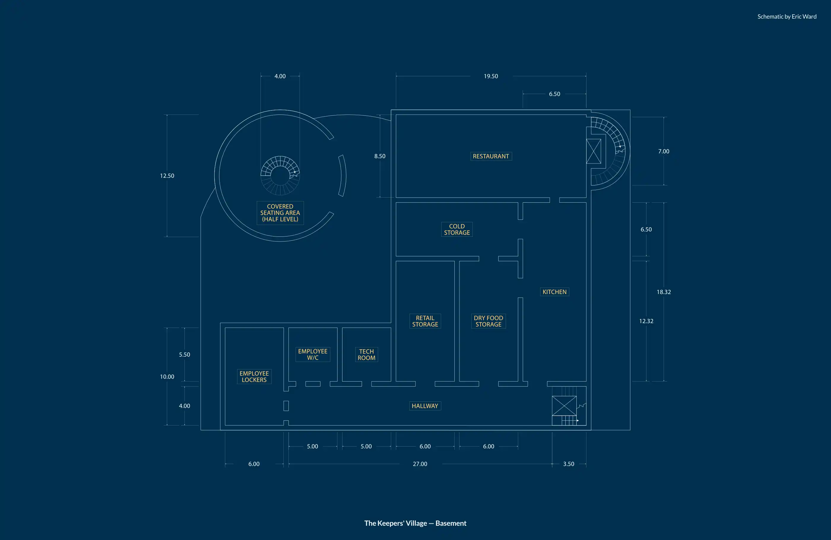 Basement floor plan for The Keepers' Village with resaturant and staff areas.