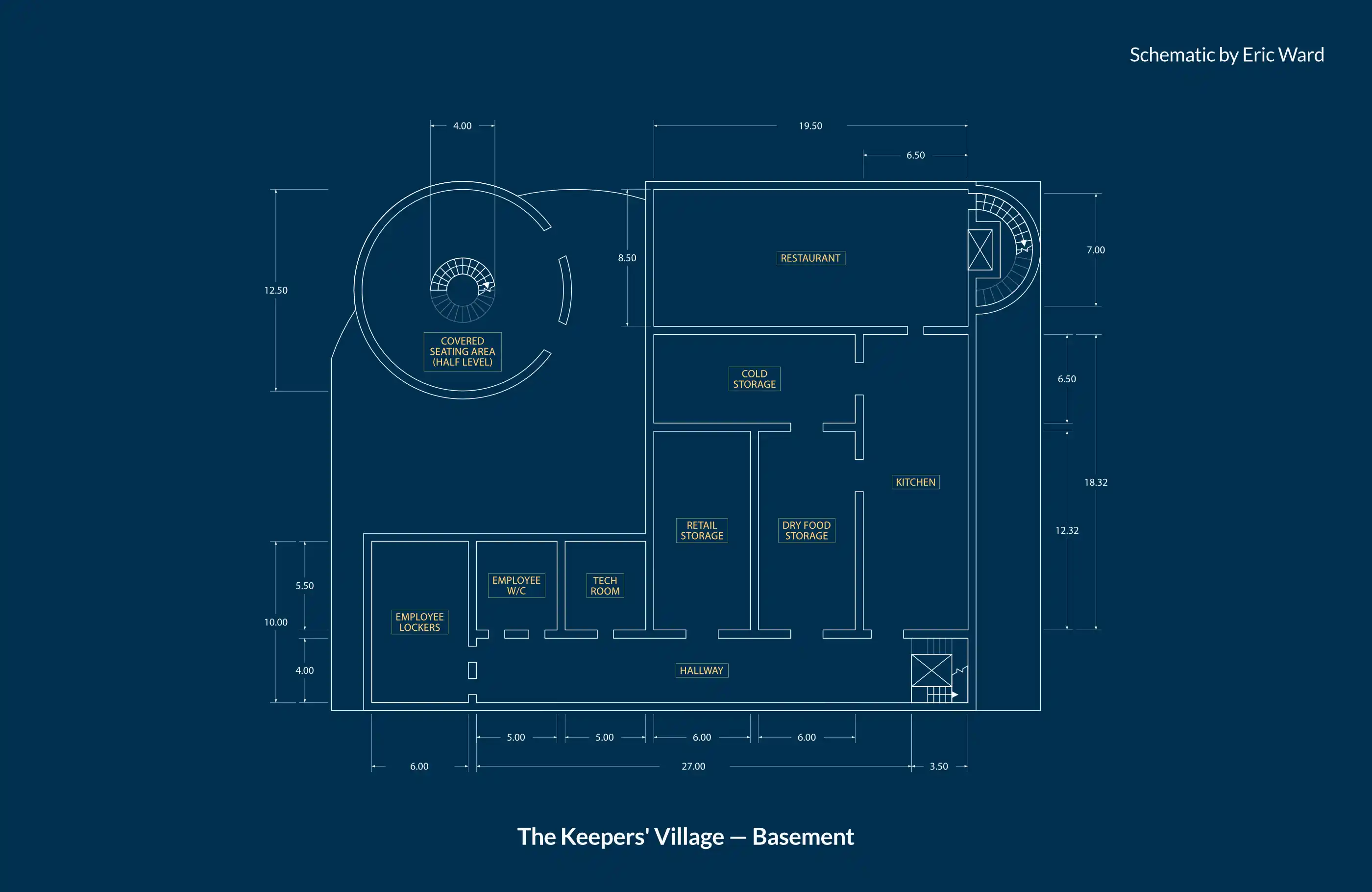 Basement floor plan for The Keepers' Village with resaturant and staff areas.