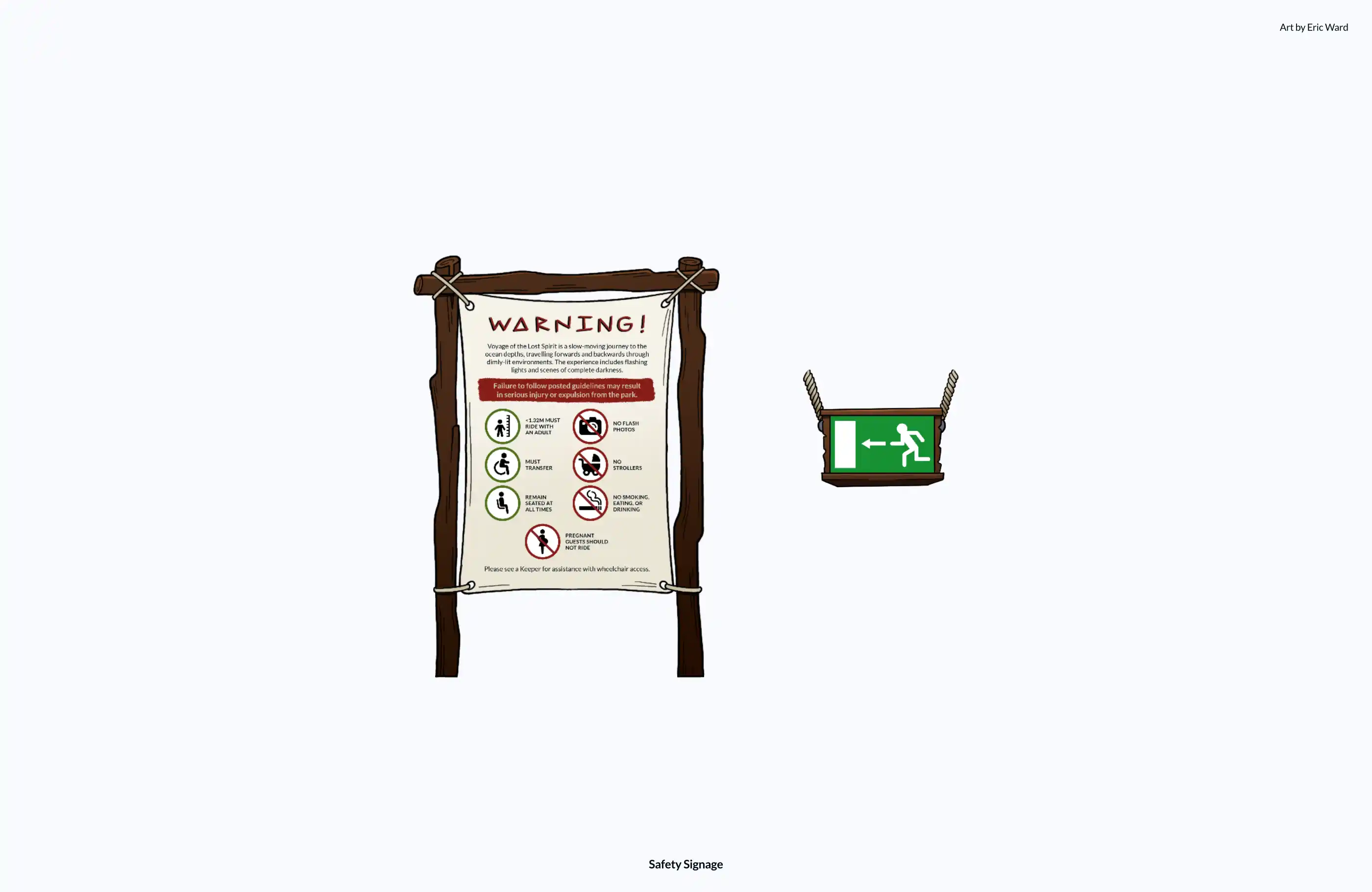 Illustration of various signage including safety advisory and hanging exit sign.