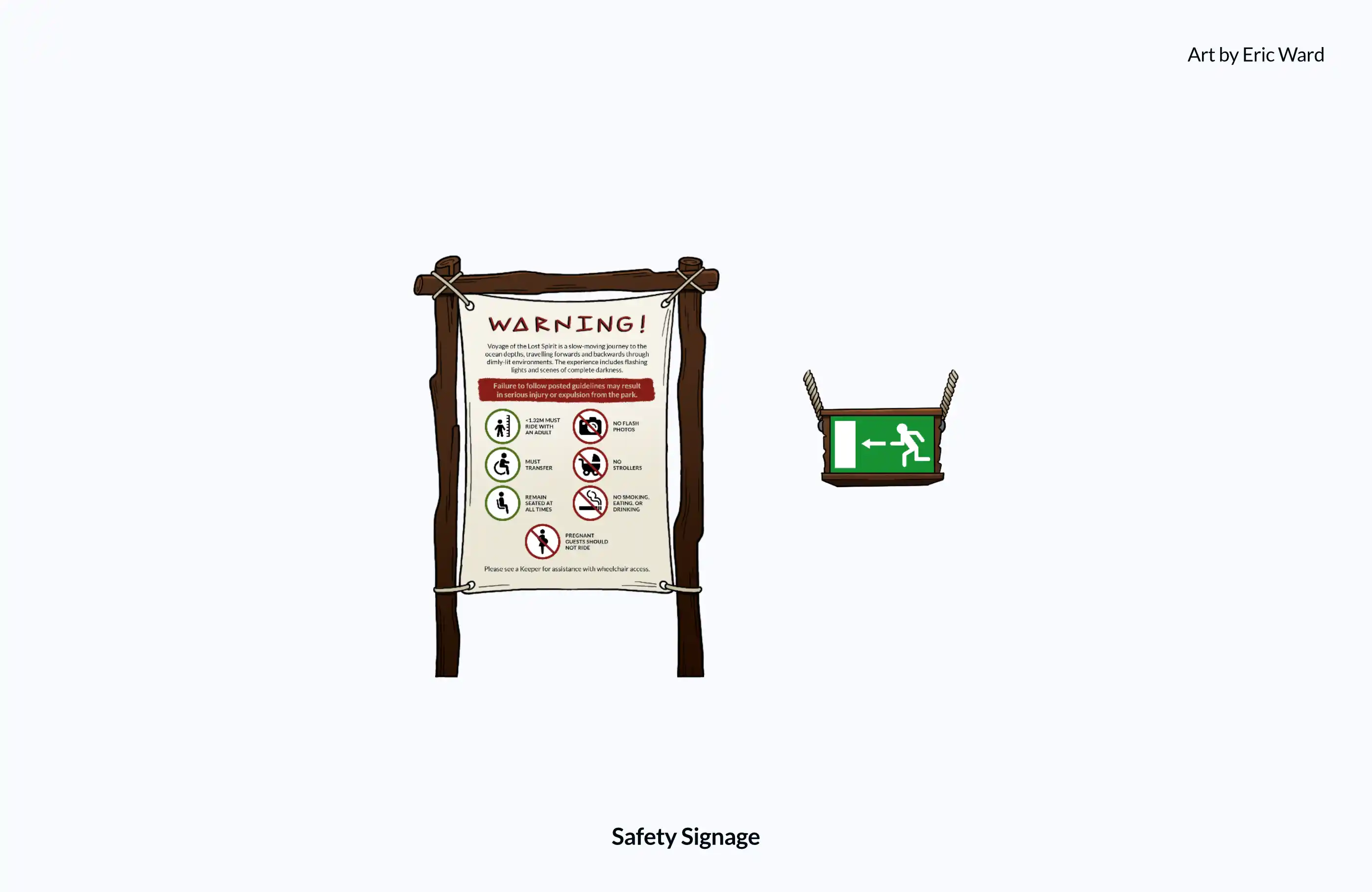 Illustration of various signage including safety advisory and hanging exit sign.