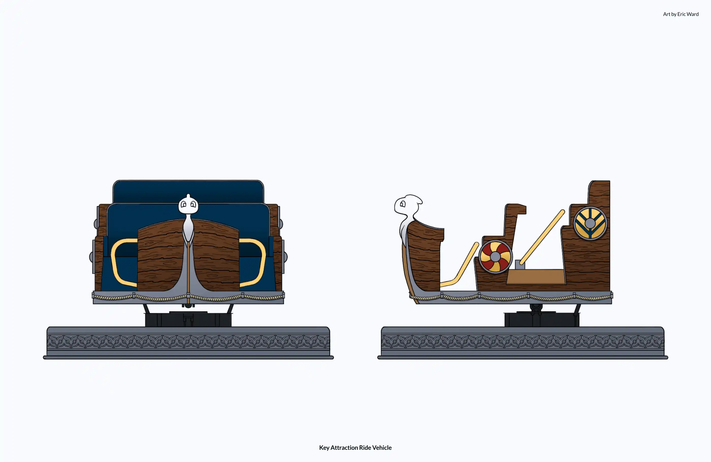 Illustration of ETF Xperience mover dark ride vehicle themed to aged wooden boat.