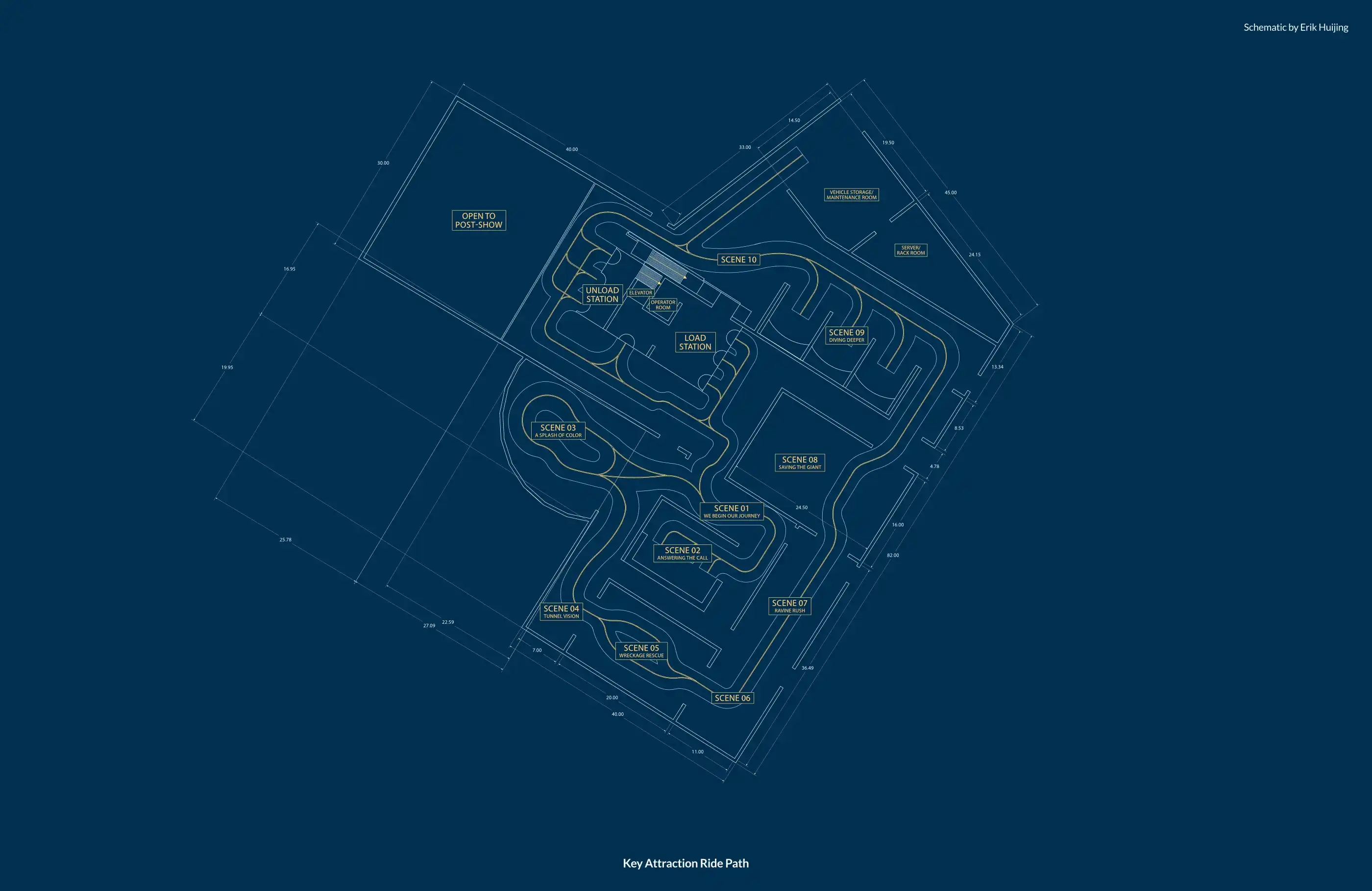 Ride path layout of key attraction, Voyage of the Lost Spirit.