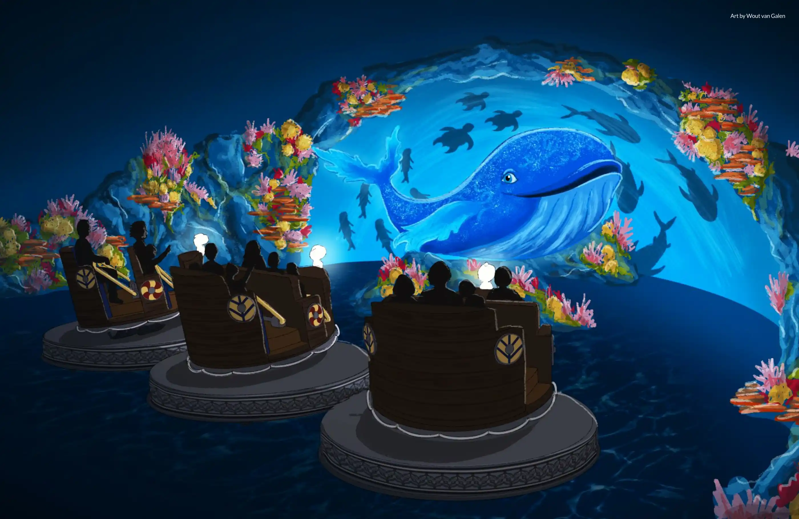 Key art from Scene 08 of the key attraction, featuring three ride vehicles facing a full size whale animatronic surrounded by colorful coral.