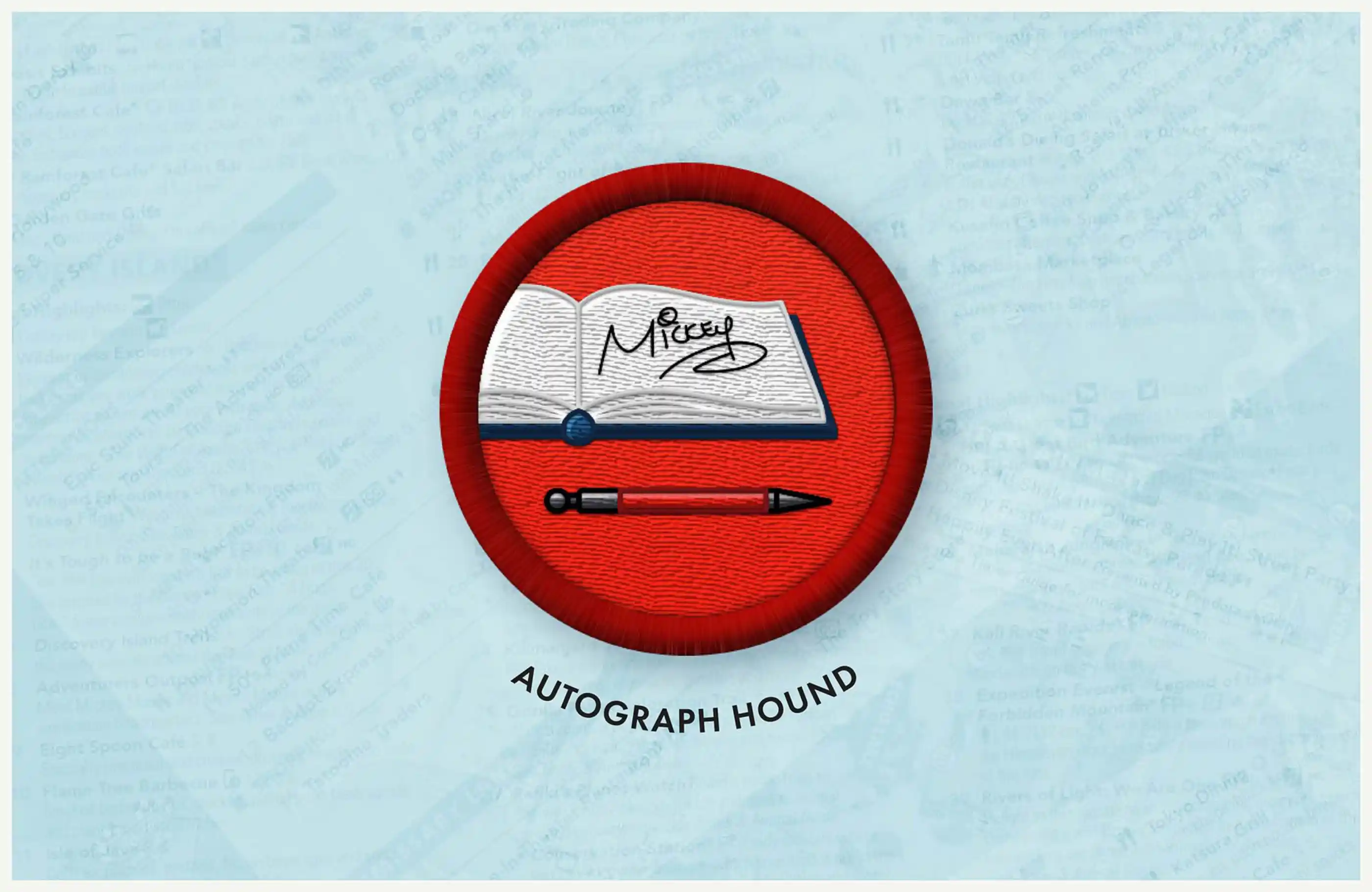 Close-up of Autograph Hound badge.