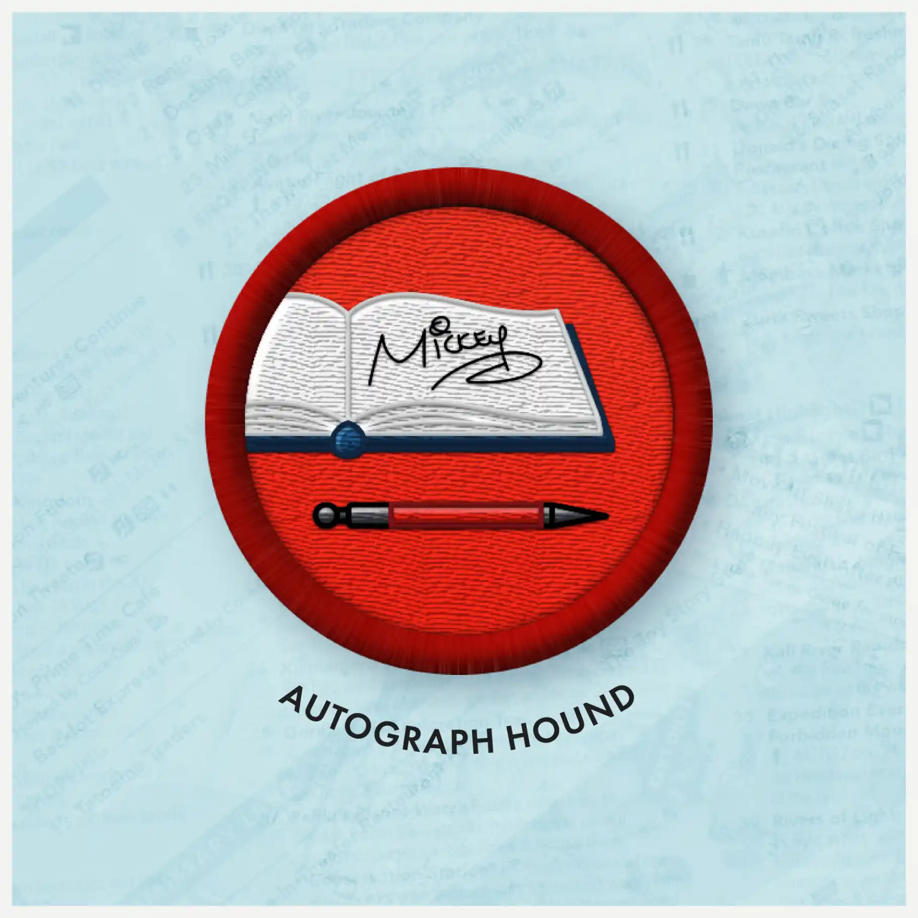 Close-up of Autograph Hound badge.