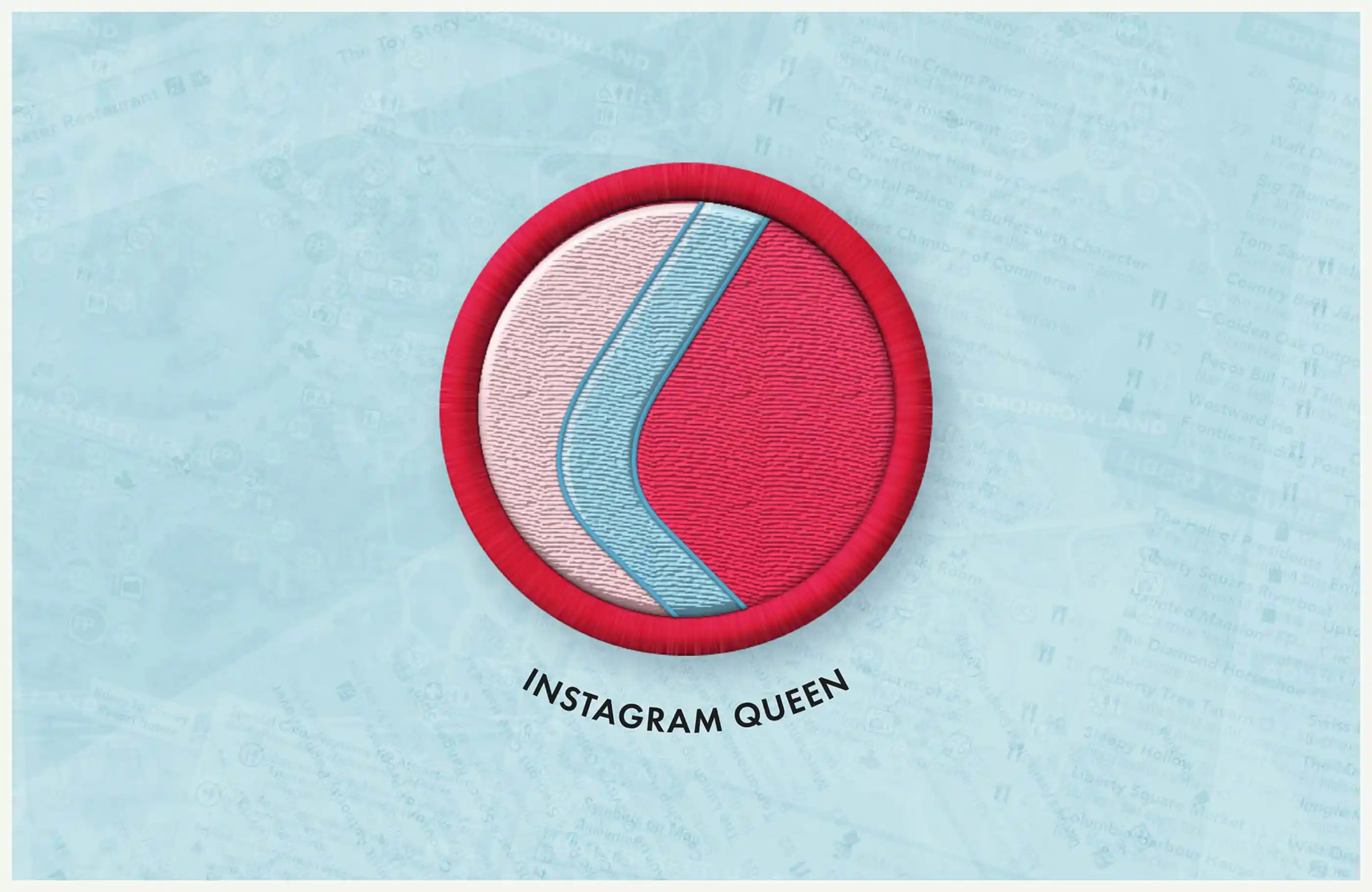 Close-up of Instagram Queen badge.