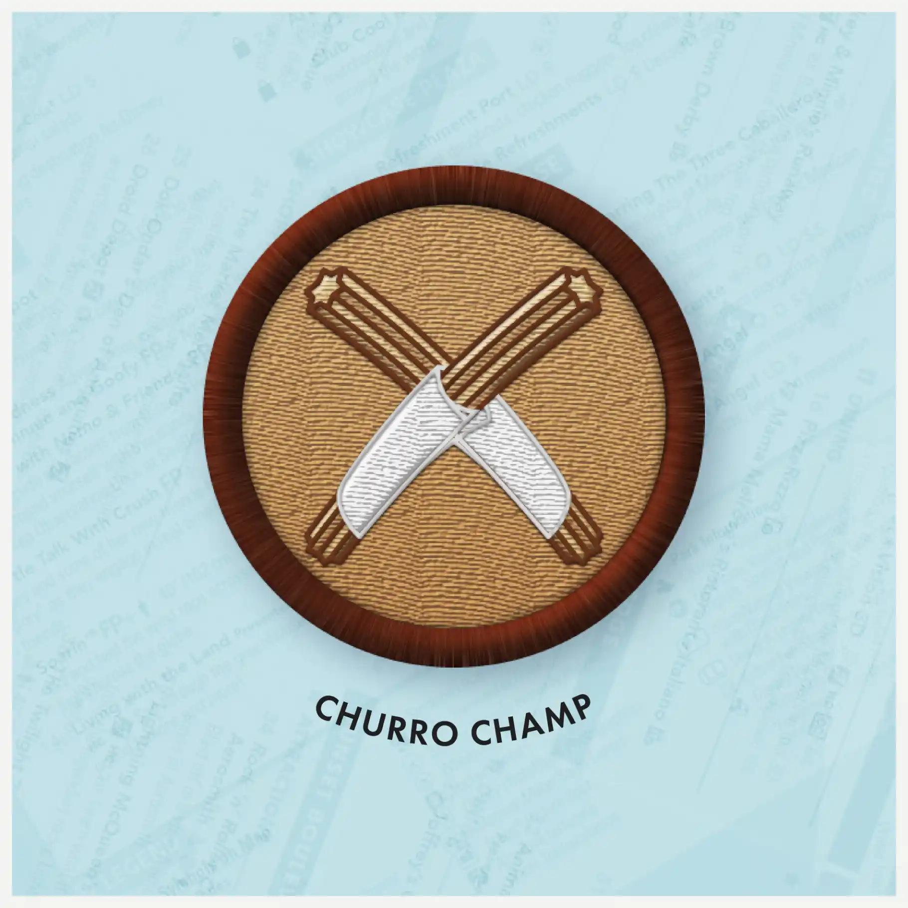 Close-up of Churro Champ badge.