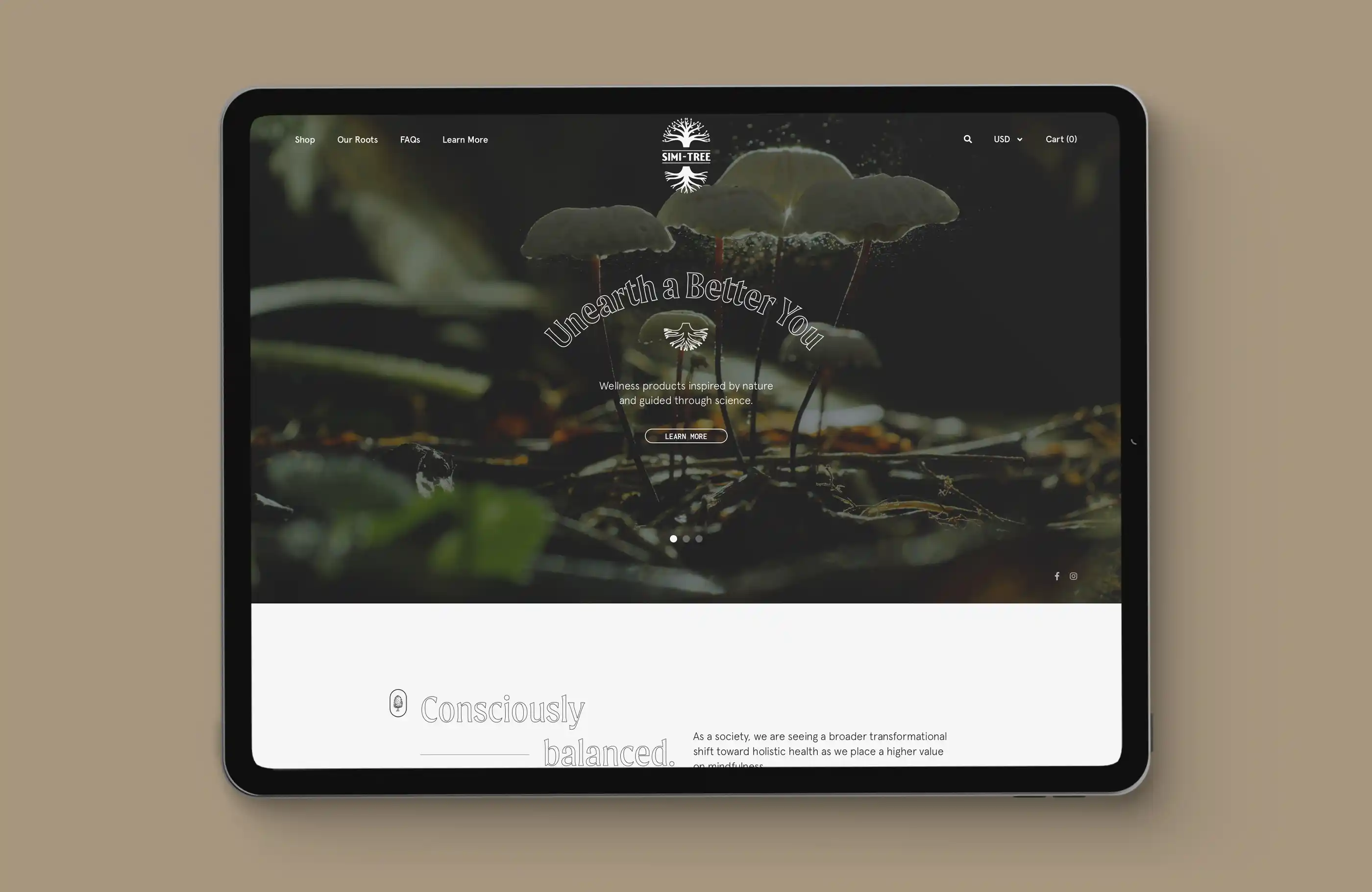 Simi-Tree homepage displayed on iPad Pro.