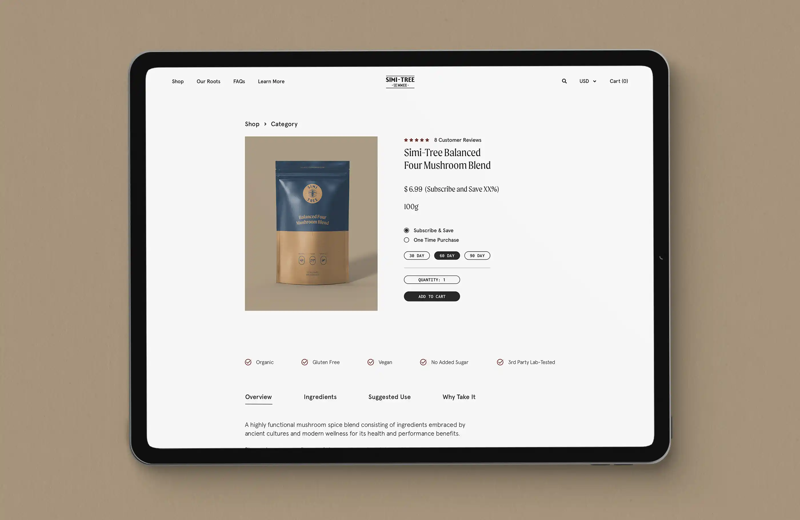 Simi-Tree product page displayed on iPad Pro.