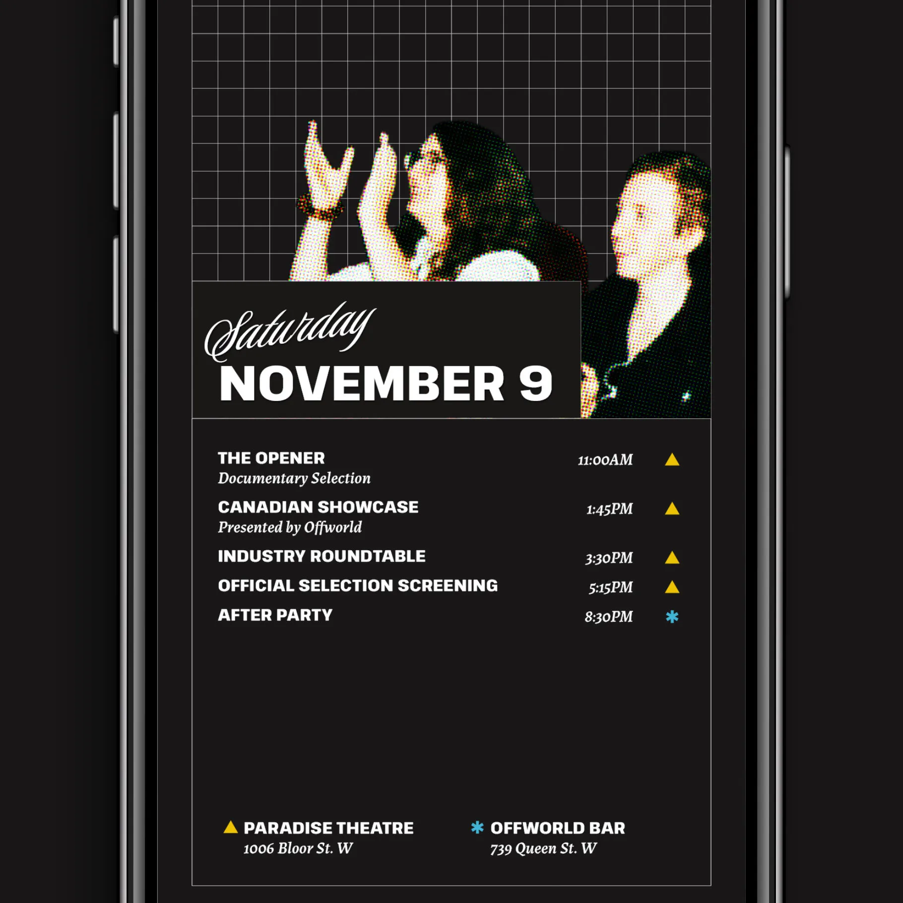 Online event program open to Saturday, November 9 schedule.