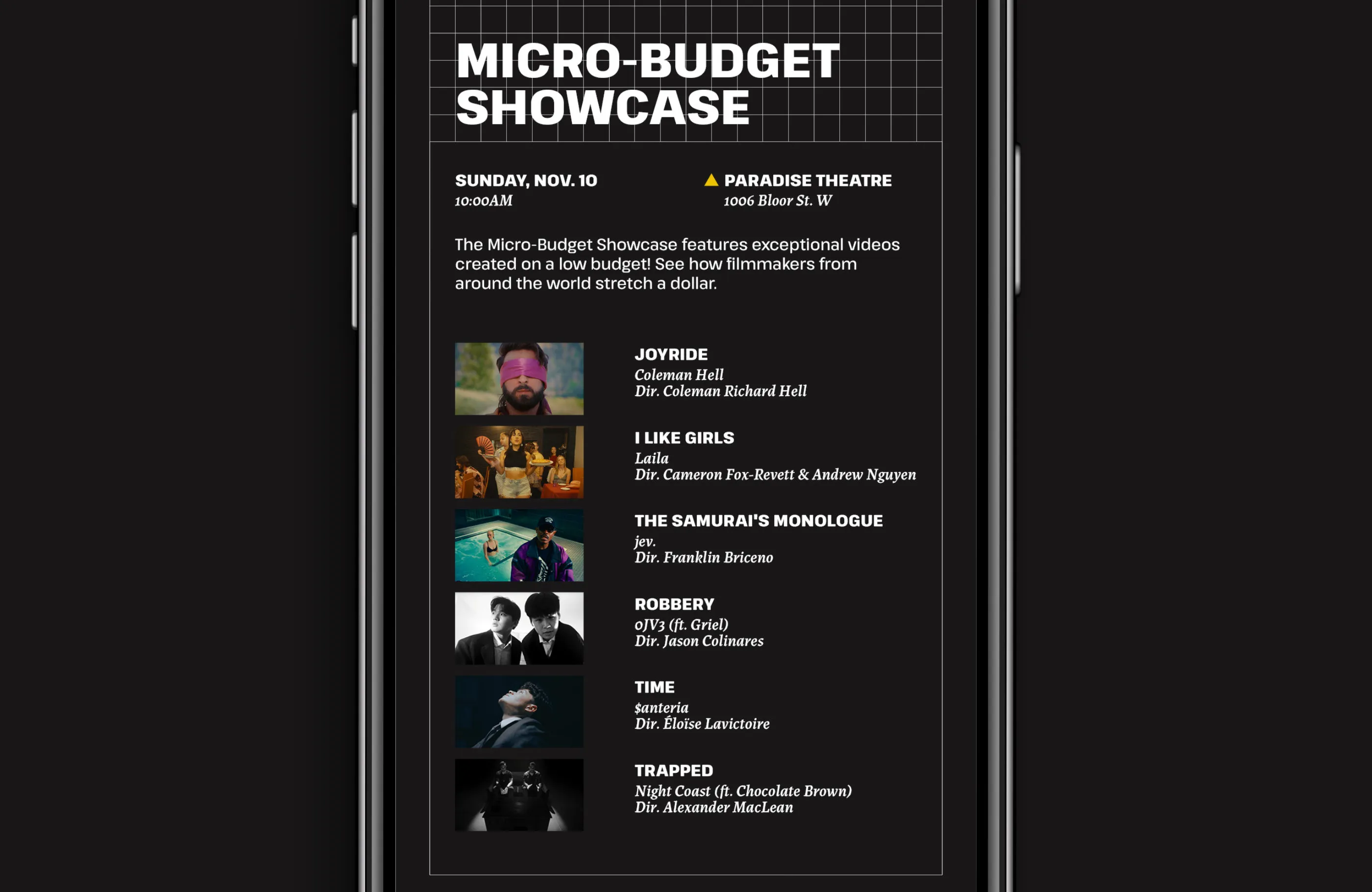 Online event program open to list of videos featured in Micro-Budget Showcase.