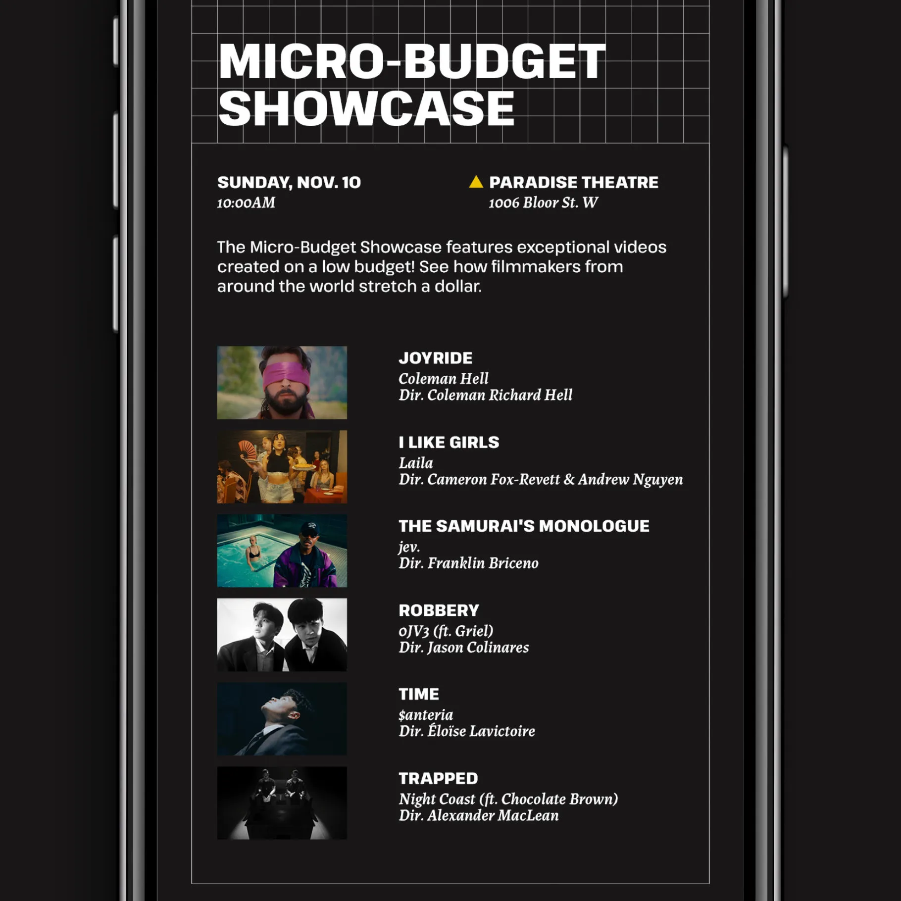 Online event program open to list of videos featured in Micro-Budget Showcase.