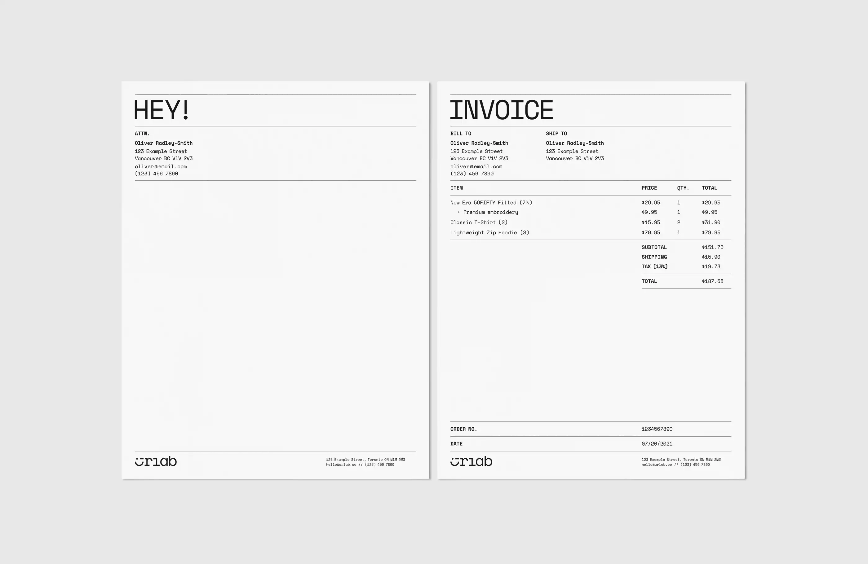 Urlab letterhead and invoice.